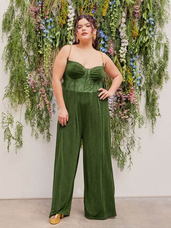 Cider Pants - Cider Olive Green Velvet Jumpsuit with Gold Chain Straps